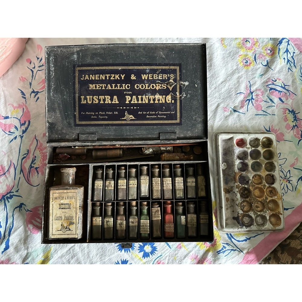 1875 Janentzky & Weber's Lustra Paint Set, Porcelain Palette & Original Pigments